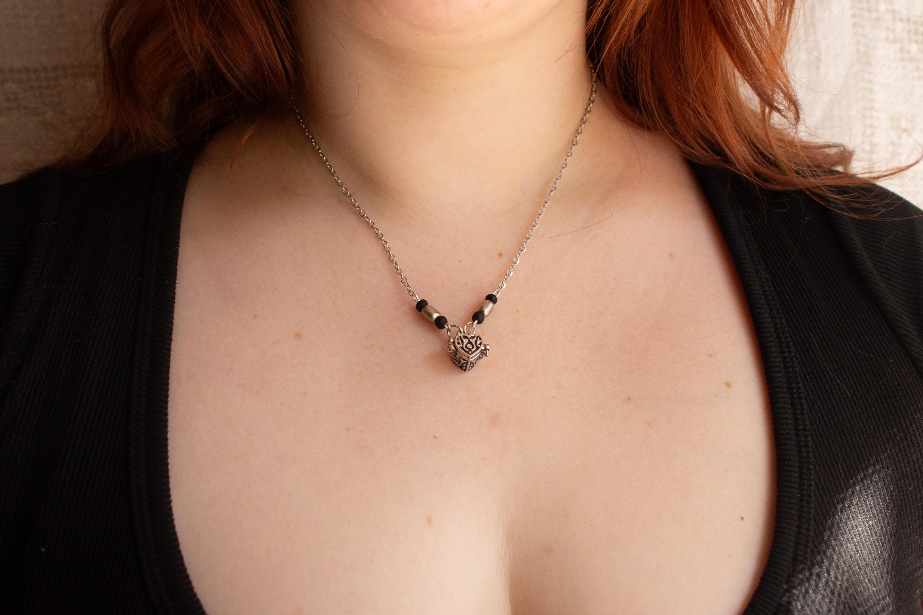 Sterling Silver Chain and Black Bead Locket Box Pendant Necklace