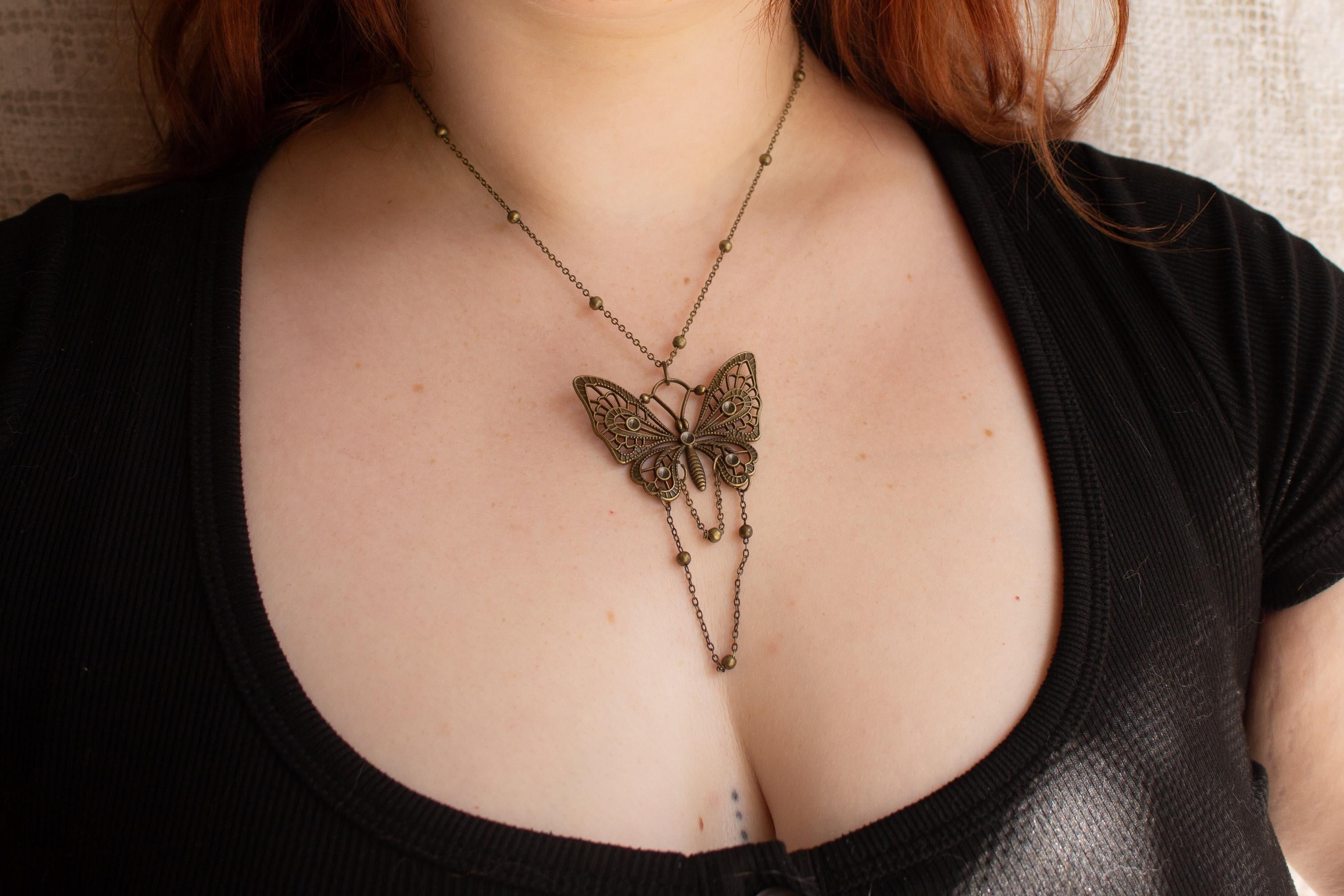 Bronze Butterfly Pendant Necklace: Vintage-Inspired Gothic Jewelry